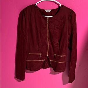 Zeagoo Burgundy Blazer with Gold Zipper Details